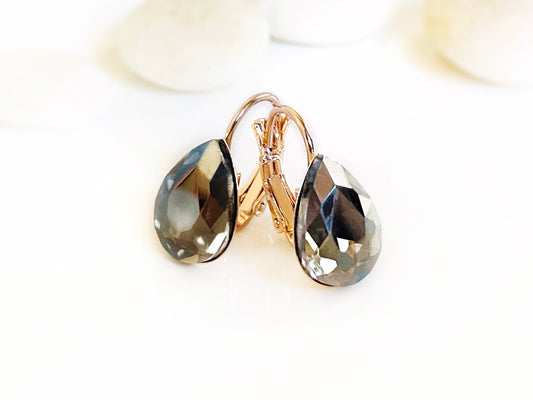 Black Diamond Stud earrings, teardrop fancy crystal studs, black solitaire stud lever backs, gift for mom, bridal earrings
