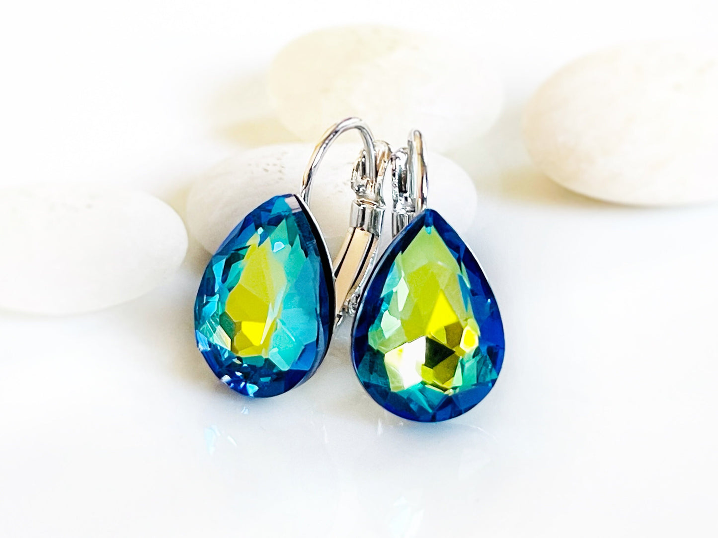 Teardrop fancy crystal Stud earrings, fancy crystal stud lever back, green blue crystal solitaire, gift for mom, bridal earrings