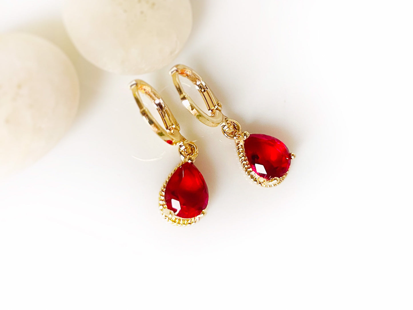 Small ruby red teardrop dangle earrings, bright red gemstone bezel earrings, gift for her, gift for daughter, July birthstone