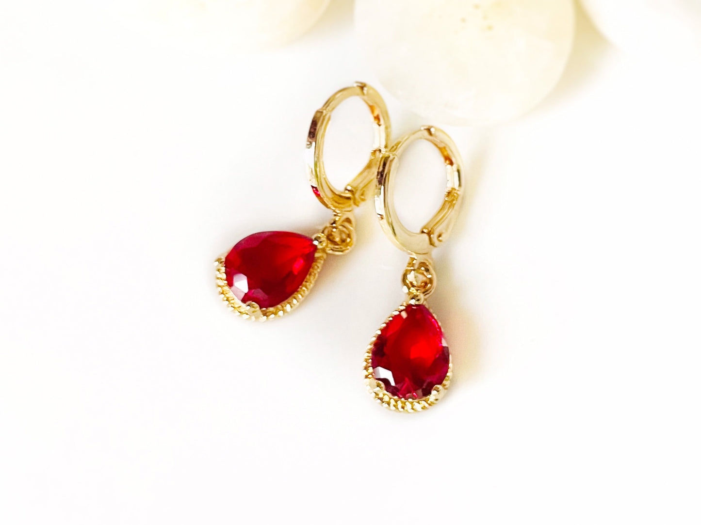 Small ruby red teardrop dangle earrings, bright red gemstone bezel earrings, gift for her, gift for daughter, July birthstone