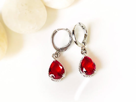 Ruby teardrop gemstone huggie dangle earrings, small red gemstone bezel earrings, gift for her, gift for daughter, July birthstone