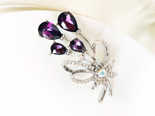 Amethyst crystal  bouquet brooch, purple crystal floral lapel pin