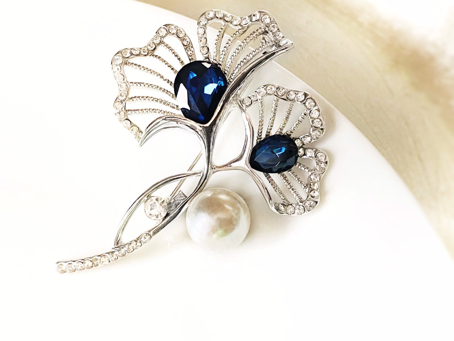 Sapphire pearl flower brooch pin, double gingo crystal pearl brooch, wedding bouquet brooch, gift for mother, gift for her