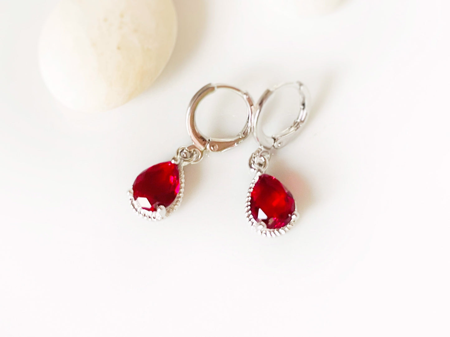 Small ruby red teardrop dangle earrings, bright red gemstone bezel earrings, gift for her, gift for daughter, July birthstone