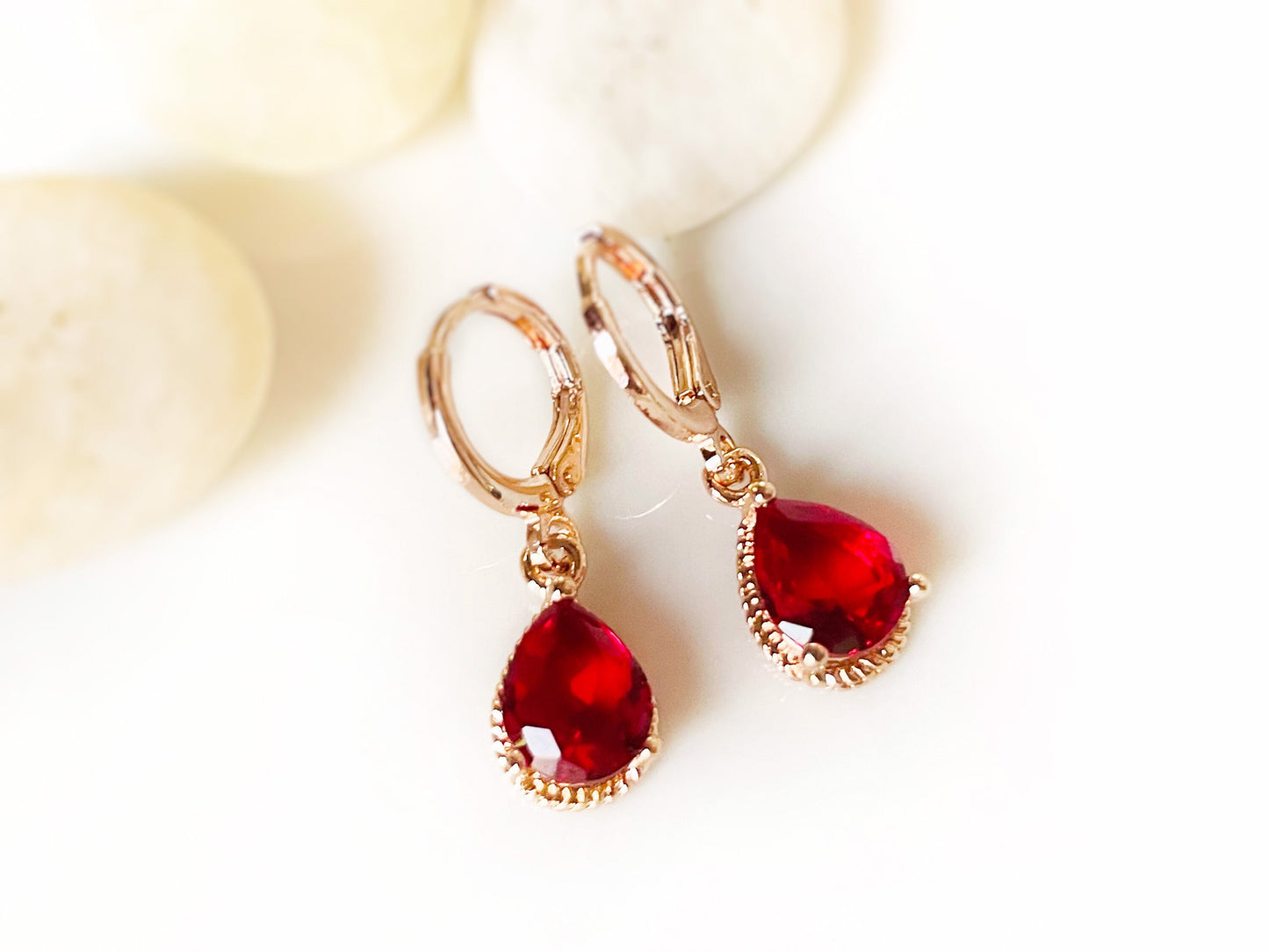 Small ruby red teardrop dangle earrings, bright red gemstone bezel earrings, gift for her, gift for daughter, July birthstone