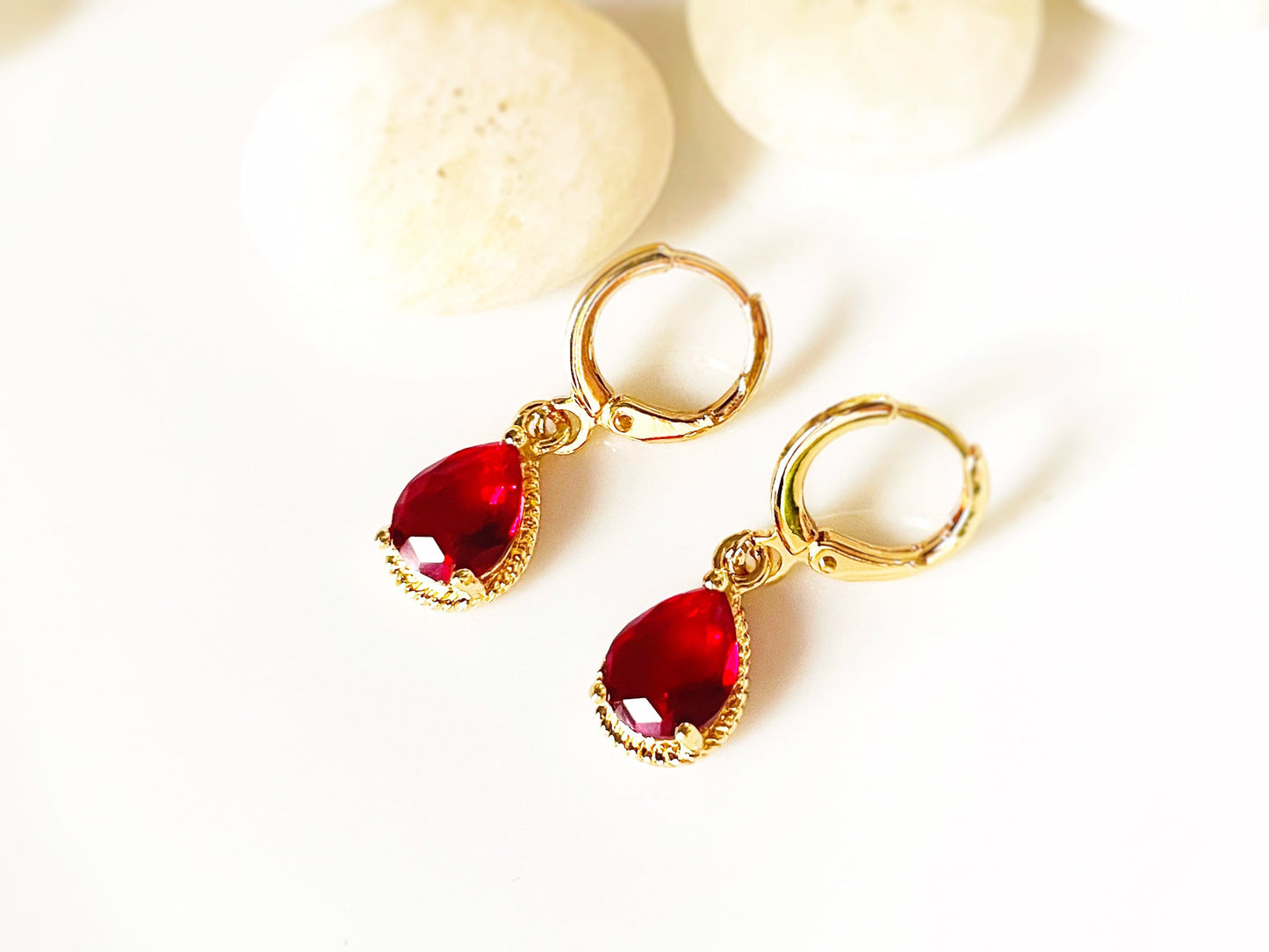 Small ruby red teardrop dangle earrings, bright red gemstone bezel earrings, gift for her, gift for daughter, July birthstone