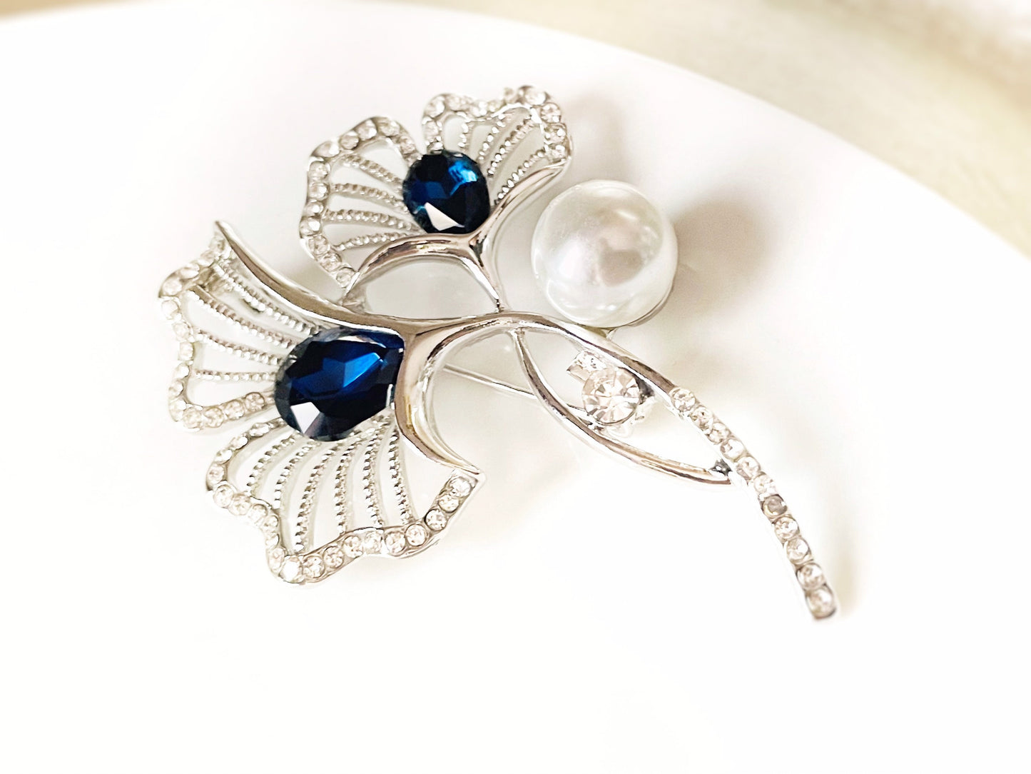 Sapphire pearl flower brooch pin, double gingo crystal pearl brooch, wedding bouquet brooch, gift for mother, gift for her