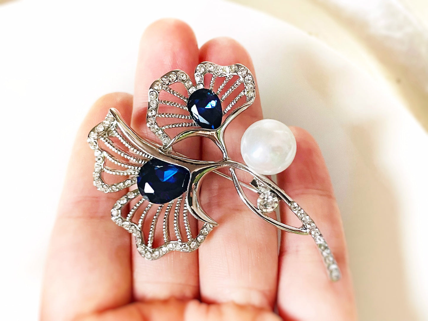 Sapphire pearl flower brooch pin, double gingo crystal pearl brooch, wedding bouquet brooch, gift for mother, gift for her