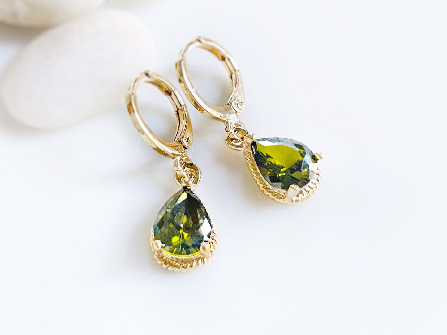 Small peridot bezel dangle earrings, olive green teardrop gemstone dangle earrings, gift for her, gift for girls, August birthstone