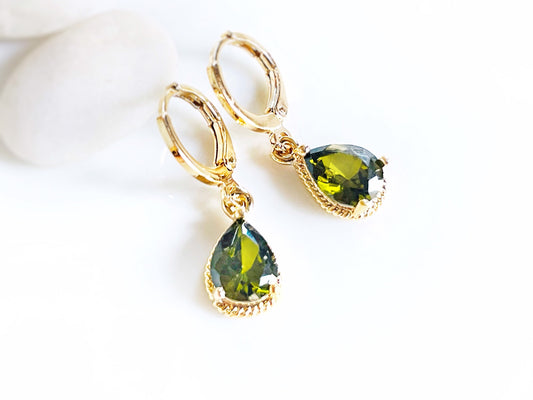 Small peridot bezel dangle earrings, olive green teardrop gemstone dangle earrings, gift for her, gift for girls, August birthstone