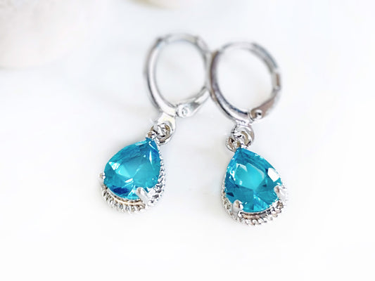 Blue topaz teardrop bezel dangle earrings, small blue gemstone earrings, gift for her, gift for girl, December birthstones,