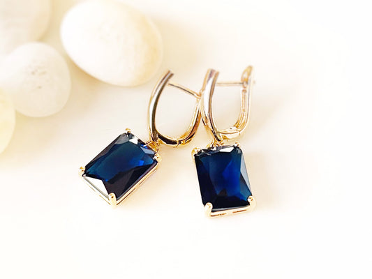 Emerald cut sapphire dangle earrings, blue gemstone earrings, gift for her, gift for mom, September birthstone