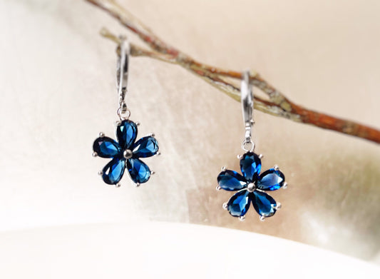 Sapphire flower dangle earrings, sapphire blue gemstone earrings necklace 2pc jewelry set, September birthstone earrings, gift for her