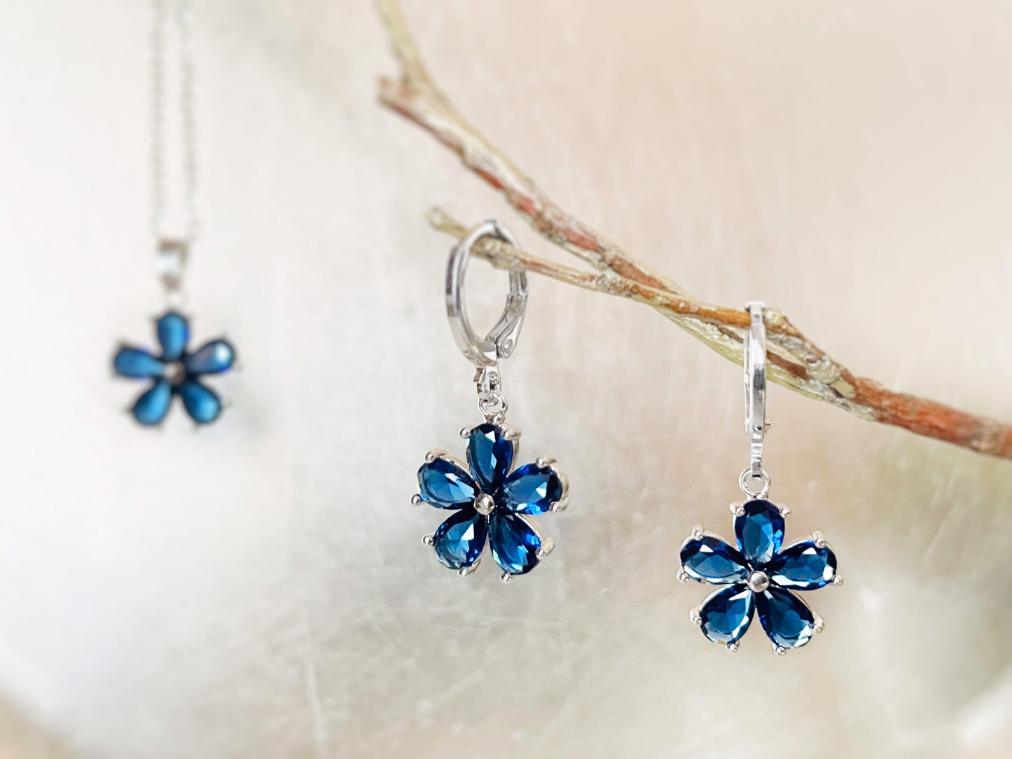 Sapphire flower dangle earrings, sapphire blue gemstone earrings necklace 2pc jewelry set, September birthstone earrings, gift for her