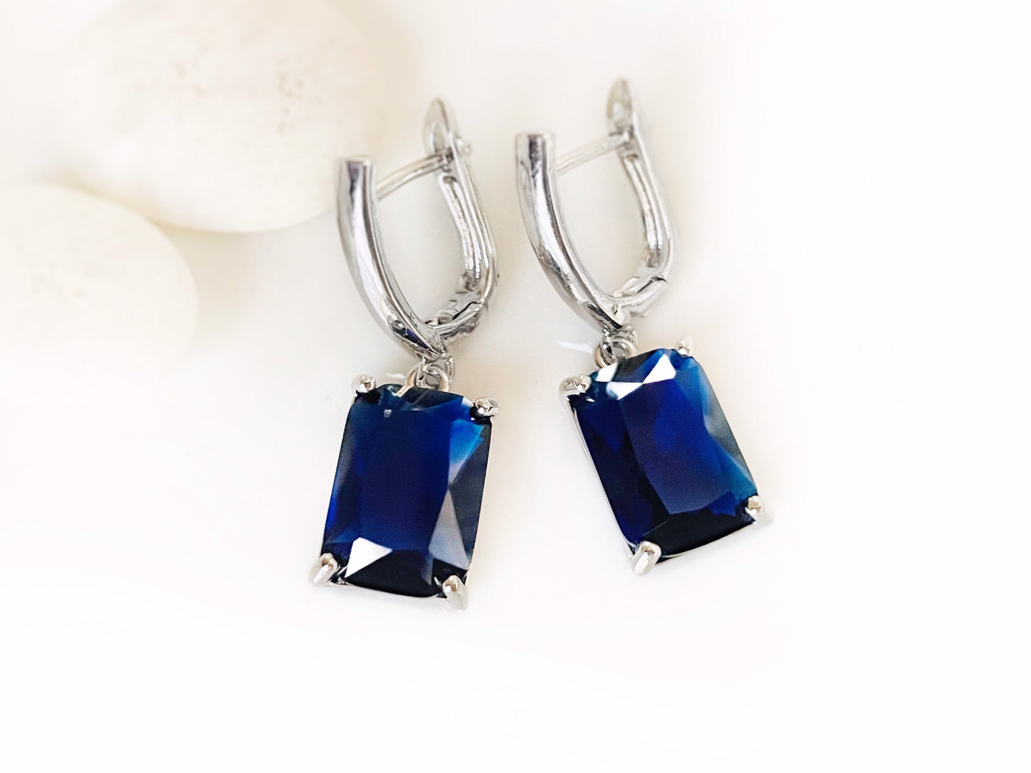 Emerald cut sapphire dangling earring, blue gemstone drop earrings, gift for her, gift for mom, September birthstone