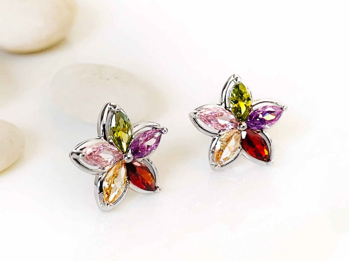 Citrine flower stud earrings white gold, yellow gemstone flower earrings, gift for her, gift for daughter, November birthstone