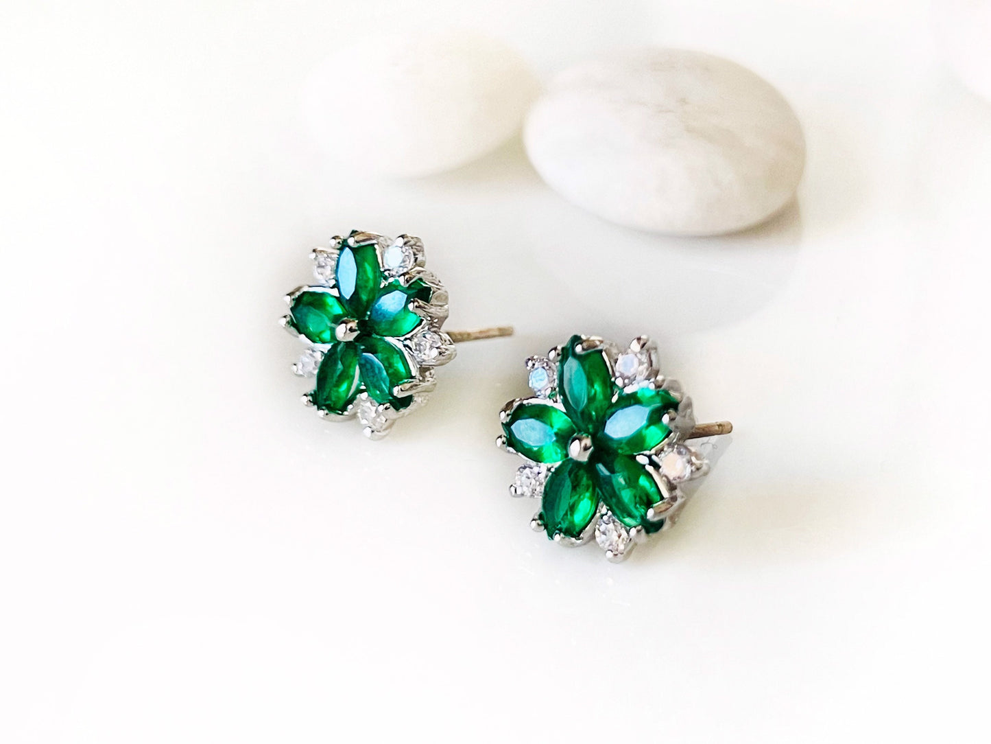 Emerald flower stud earring in 18K white gold, small green gemstone flower stud earring, May  birthstone, gift for her