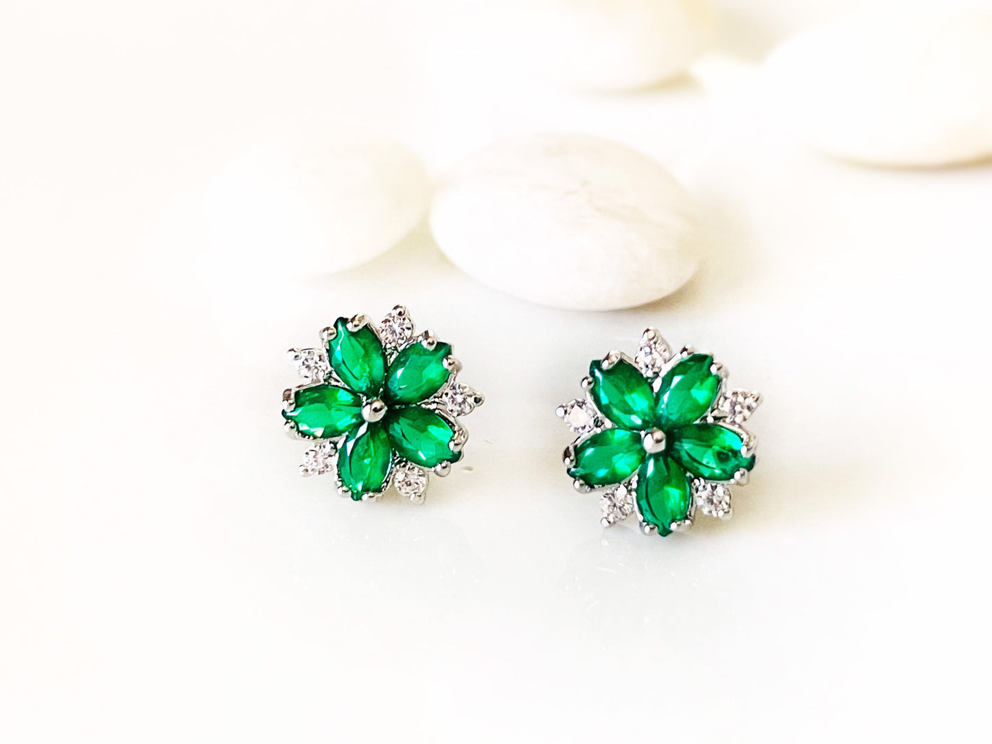 Emerald flower stud earring in 18K white gold, small green gemstone flower stud earring, May  birthstone, gift for her