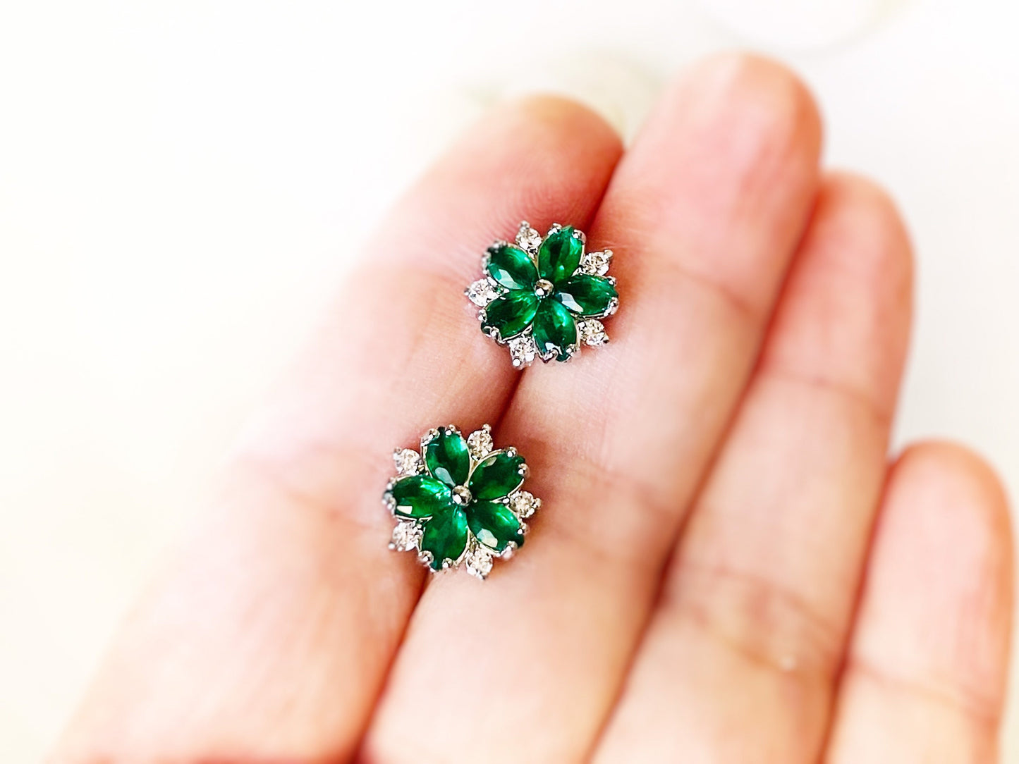 Emerald flower stud earring in 18K white gold, small green gemstone flower stud earring, May  birthstone, gift for her