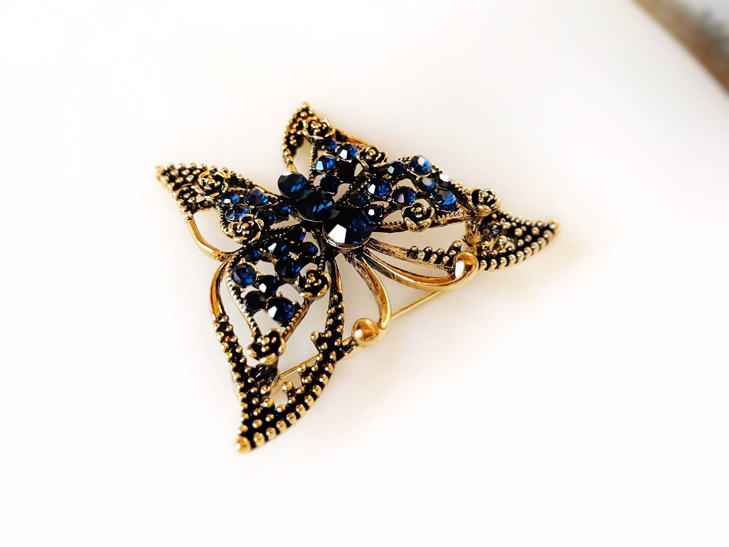 Antique gold crystal butterfly brooch pin, sapphire blue butterfly pin, gift for her, gift for mom