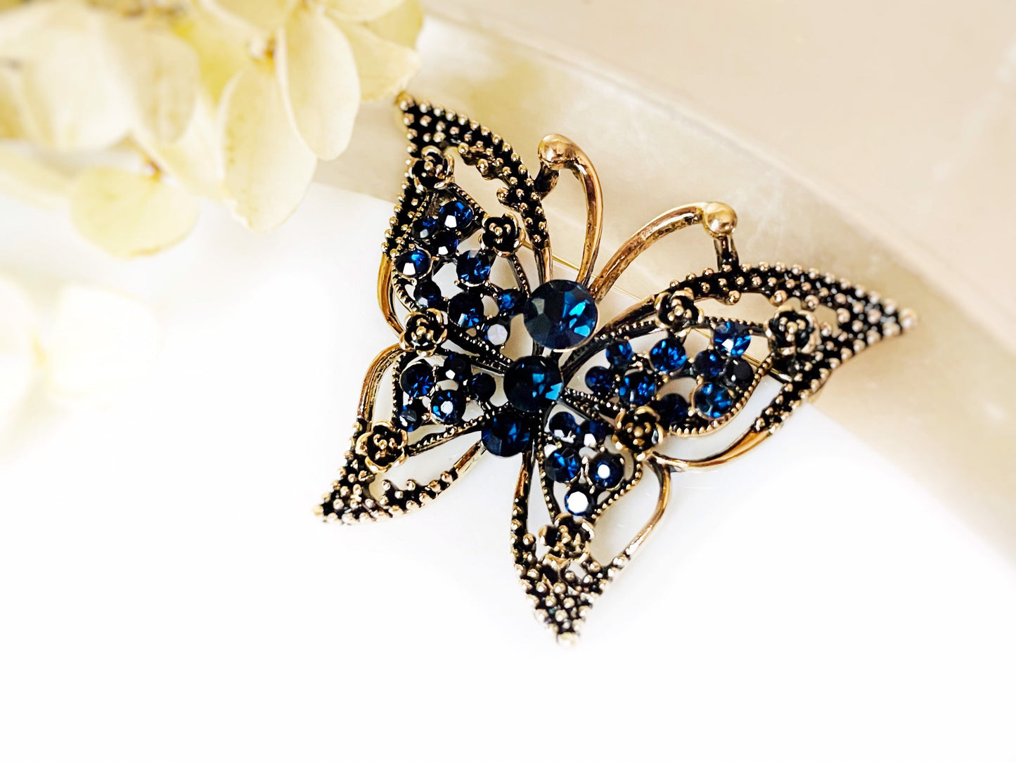 Antique gold crystal butterfly brooch pin, sapphire blue butterfly pin, gift for her, gift for mom