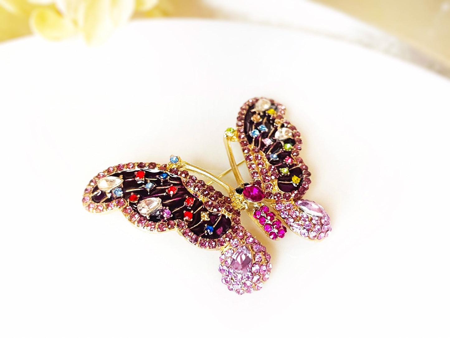 Multicolored butterfly crystal brooch, purple butterfly gold brooch, gift for her, gift for mom