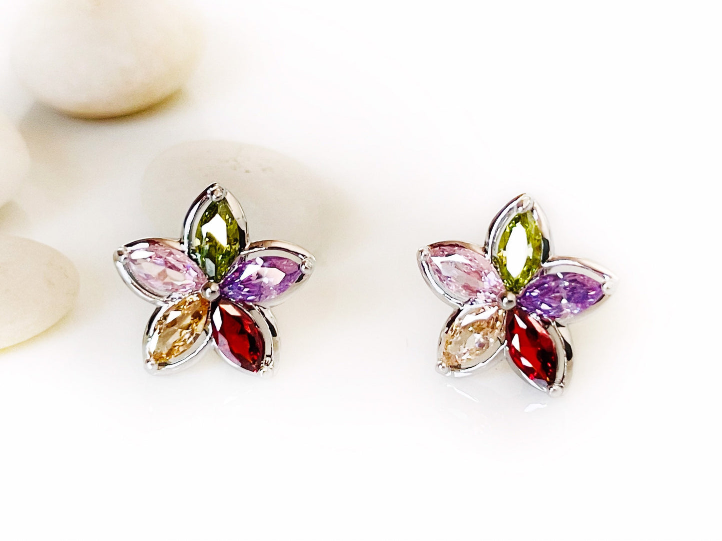 Amethyst flower stud earrings white gold, purple dangle gemstone flower earrings, gift for her, gift for daughter, February birthstone