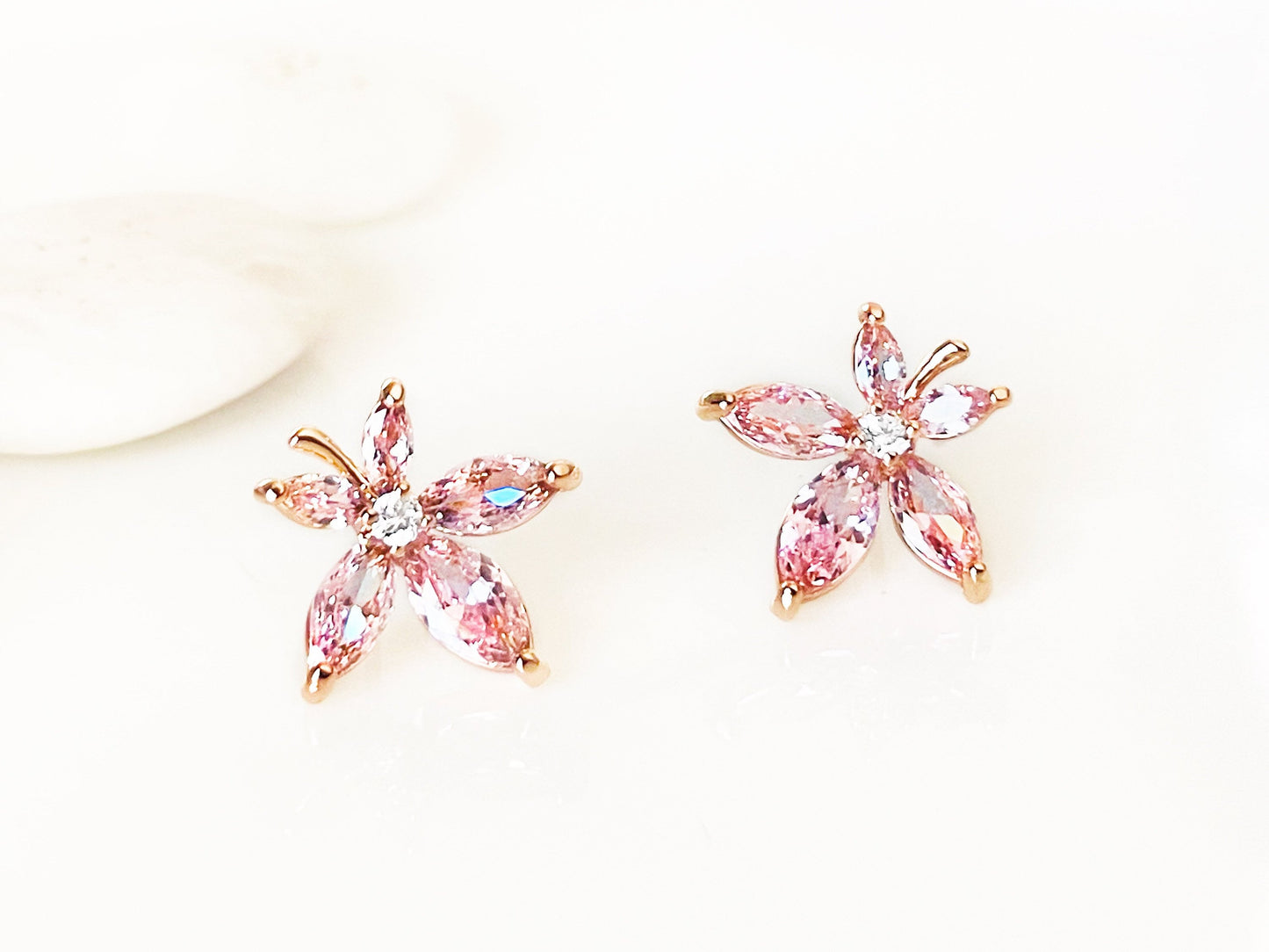 Pink sapphire maple leaf stud earrings, pink gemstone cluster earrings, gift for her, gift for mom, October birthstone