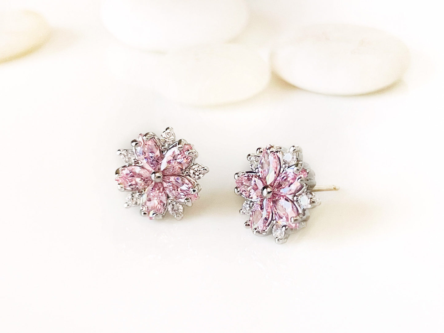 Pink sapphire flower stud earring in 18K white gold, small pink gemstone flower stud earring, October birthstone, gift for mom, gift for her