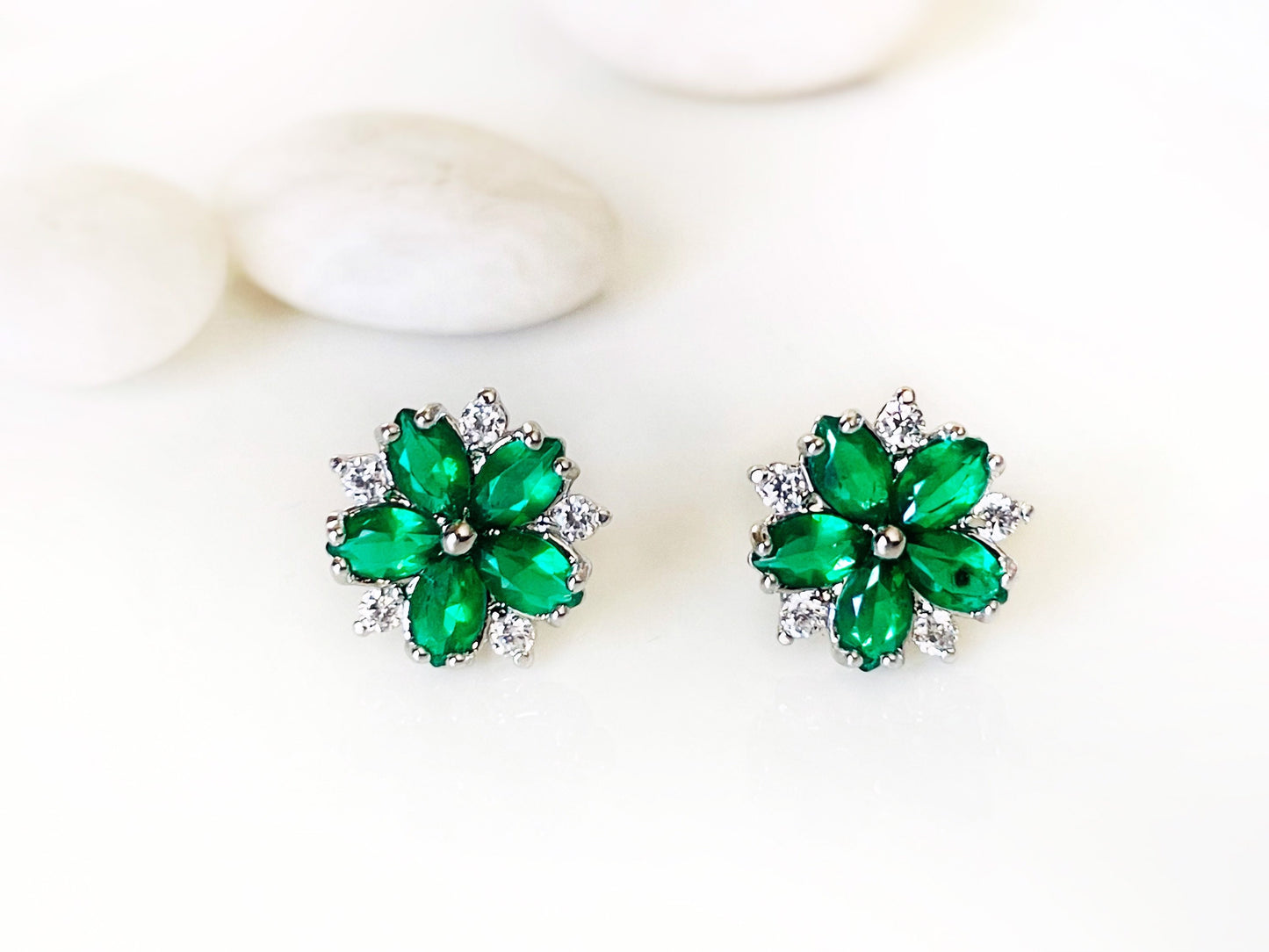 Emerald flower stud earring in 18K white gold, small green gemstone flower stud earring, May  birthstone, gift for her