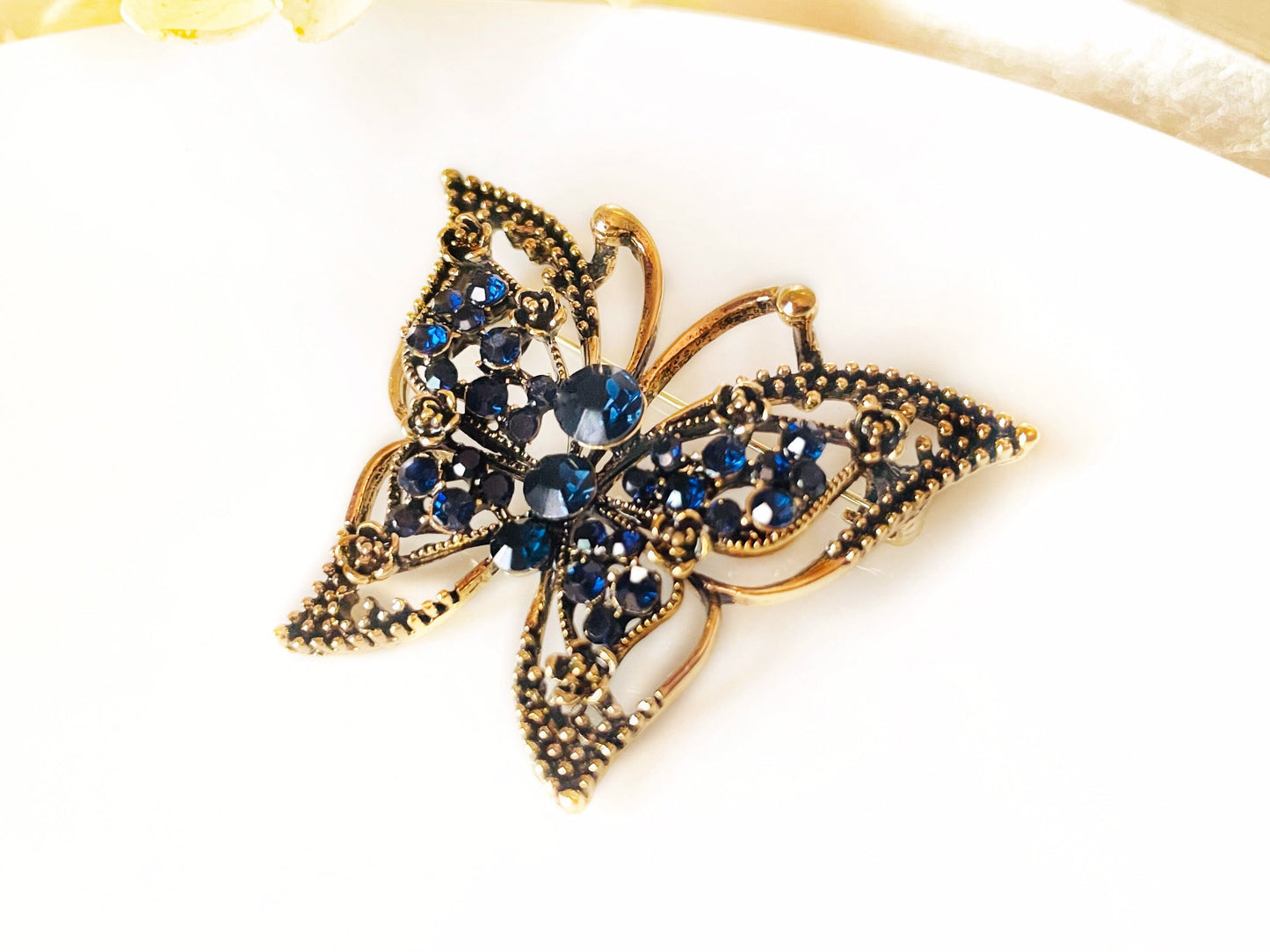 Antique gold crystal butterfly brooch pin, sapphire blue butterfly pin, gift for her, gift for mom