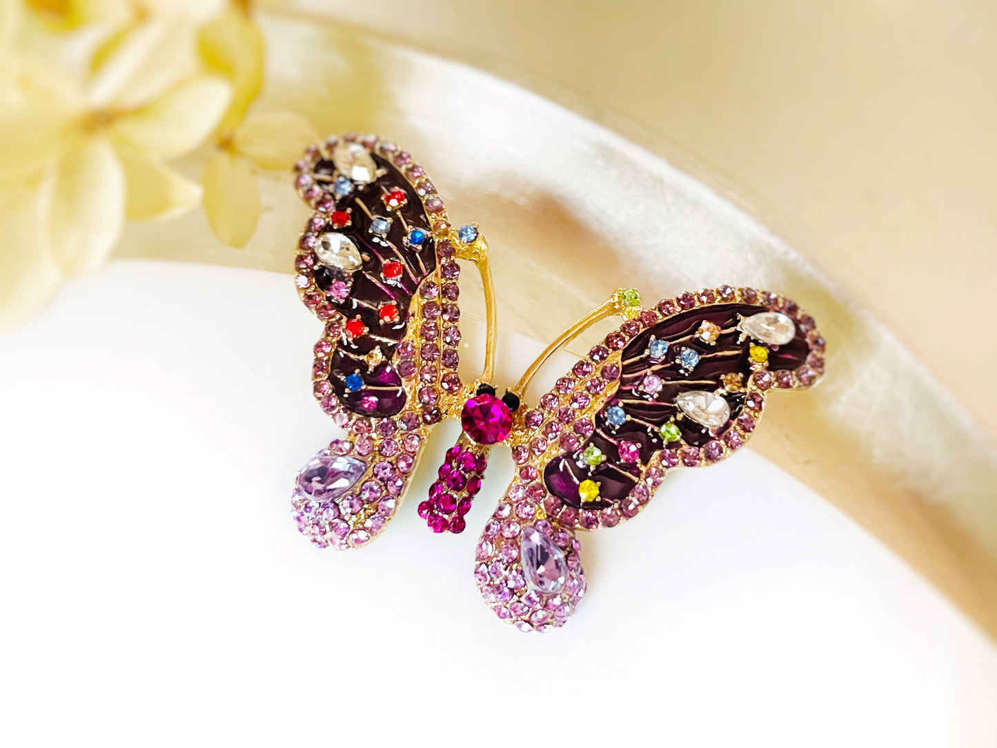 Multicolored butterfly crystal brooch, purple butterfly gold brooch, gift for her, gift for mom