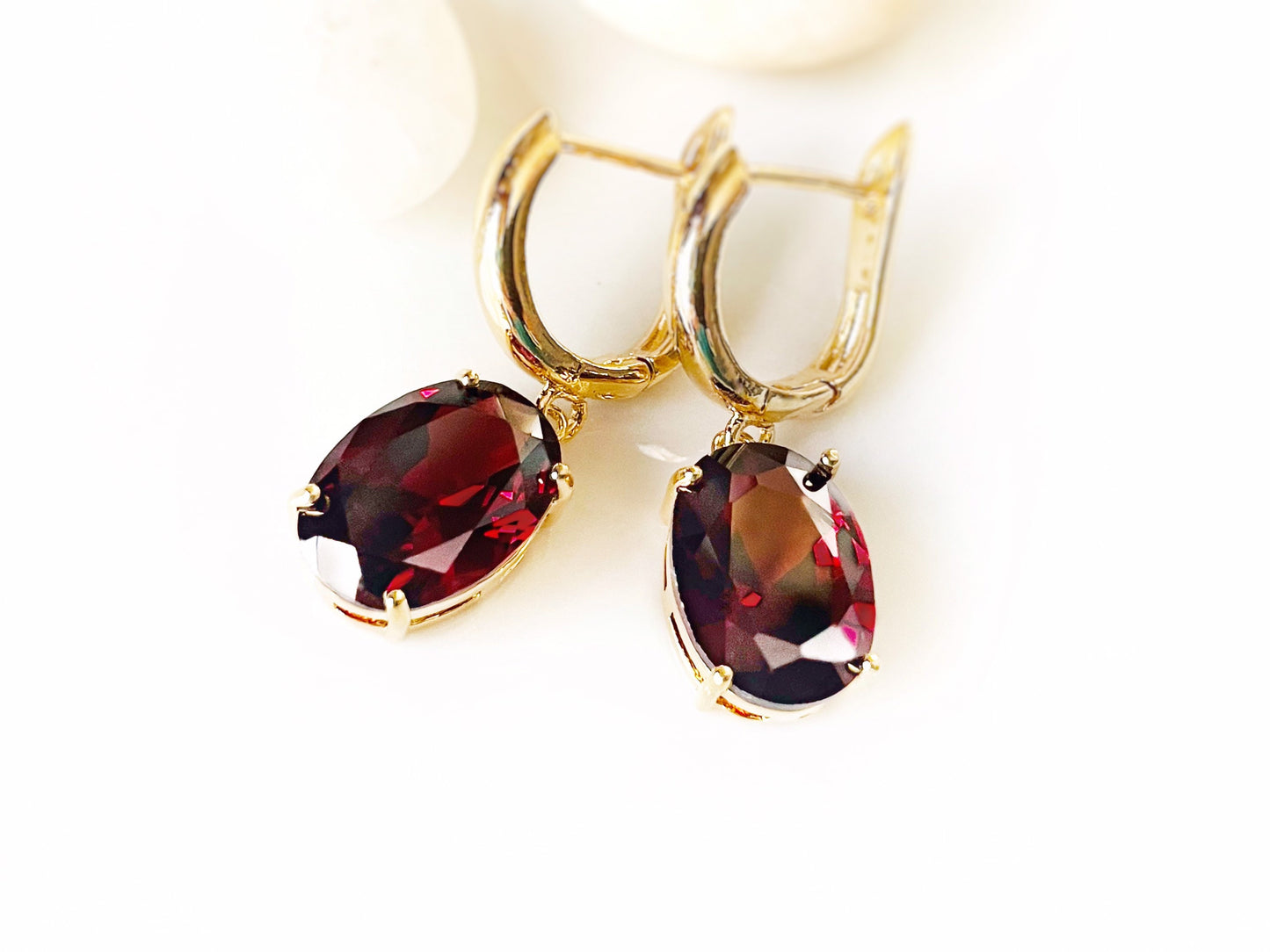 Large cushion cut garnet dangling earrings, dark red gems drop earrings, gift for her, gift for mom, bridal earrings, January birthstone