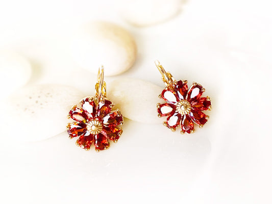 Garnet flower dangle earrings, red daisy flower drop earrings, January birthstone earrings, gift for mom, gift for her, gift for daughter