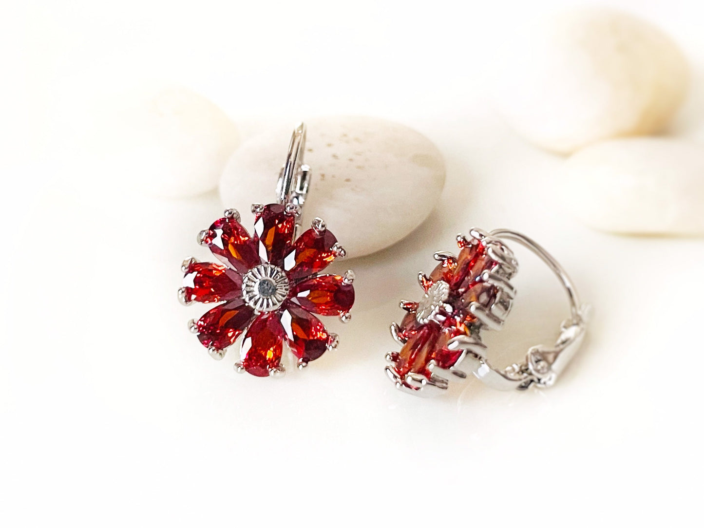 Garnet flower dangle earrings, red daisy flower drop earrings, January birthstone earrings , gift for mom, gift for her