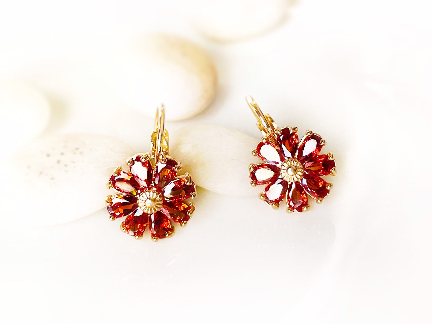 Garnet flower dangle earrings, red daisy flower drop earrings, January birthstone earrings , gift for mom, gift for her