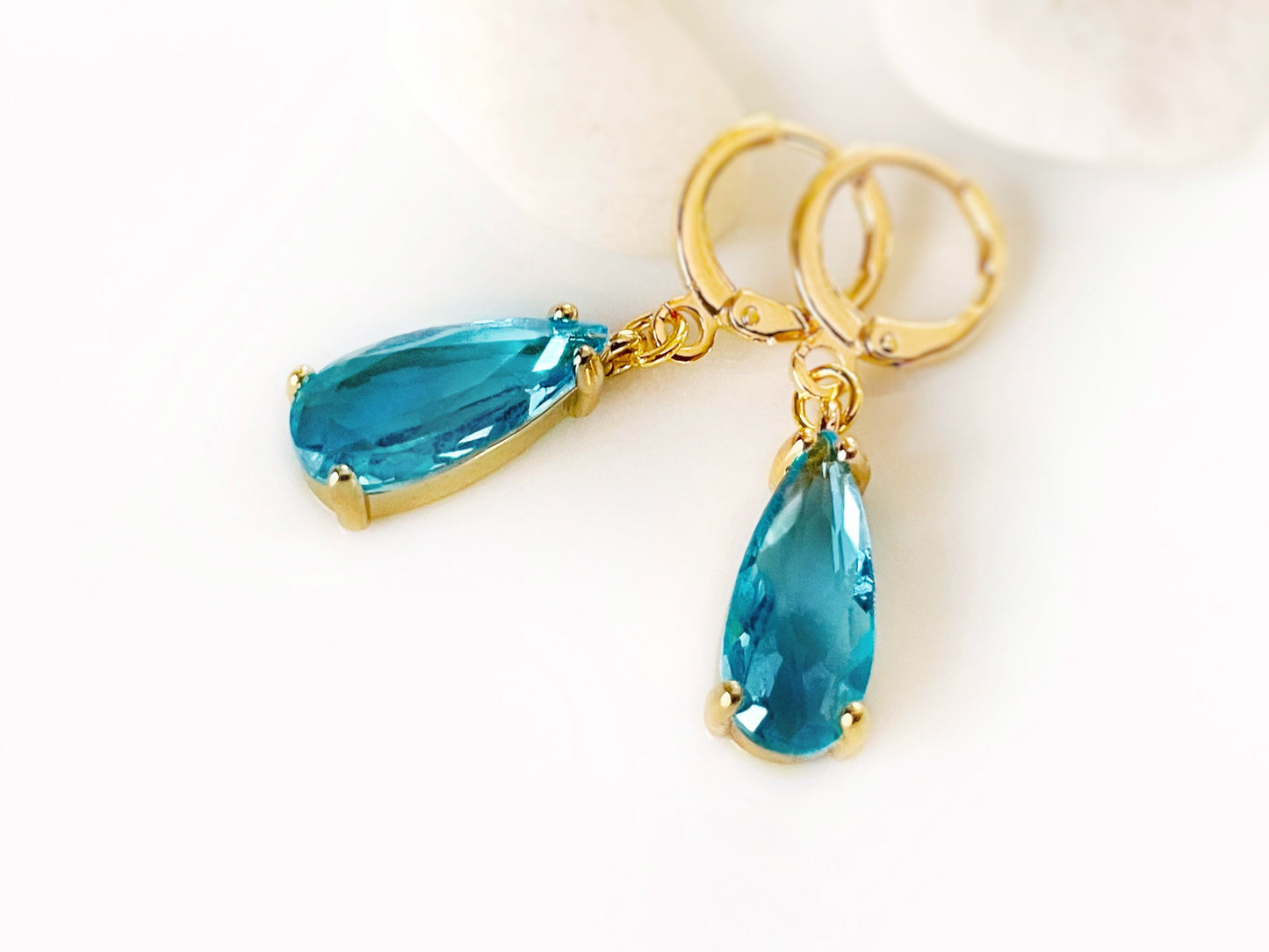 Blue topaz teardrop dangling earrings gold, December birthstones, elongated blue gemstone earrings, gift for her, gift for mom