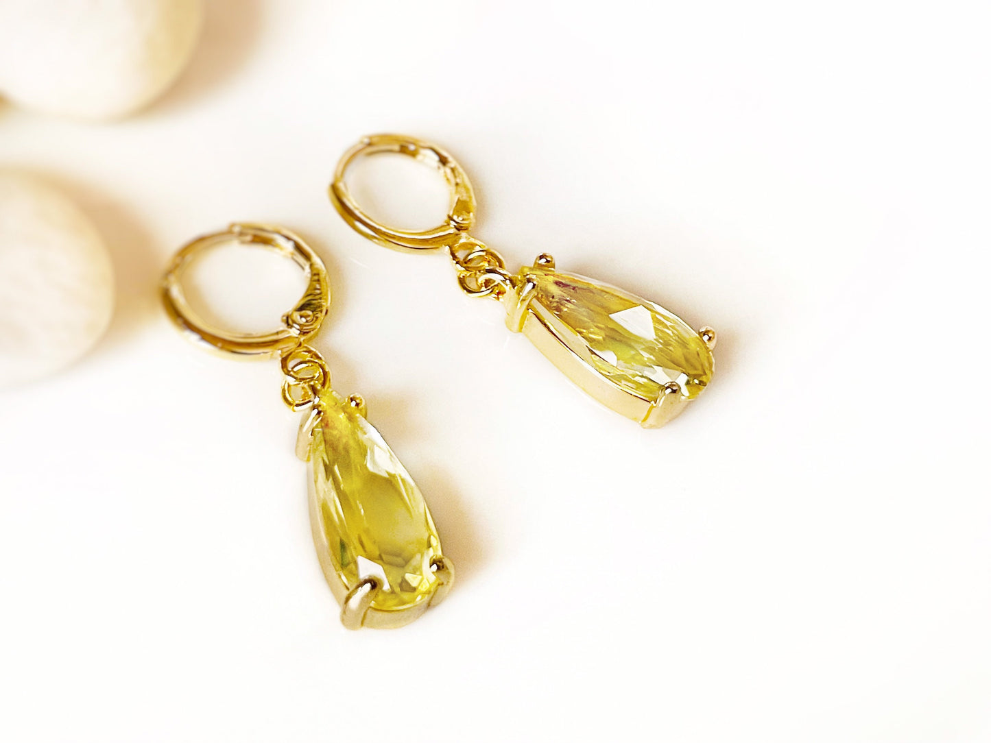 Teardrop citrine huggie dangle earrings gold, elongated yellow gemstone teardrops, gift for her, November birthstone earrings