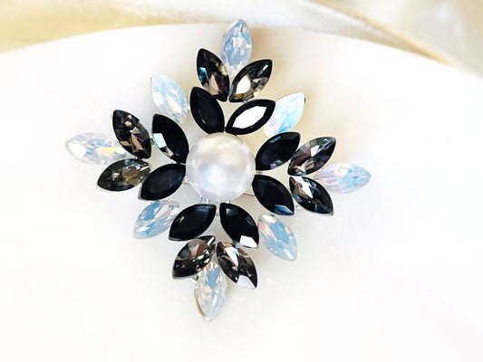 Black opal pearl Fancy crystal silver brooch, black white opal statement brooch pin, gift or mother, gift for her