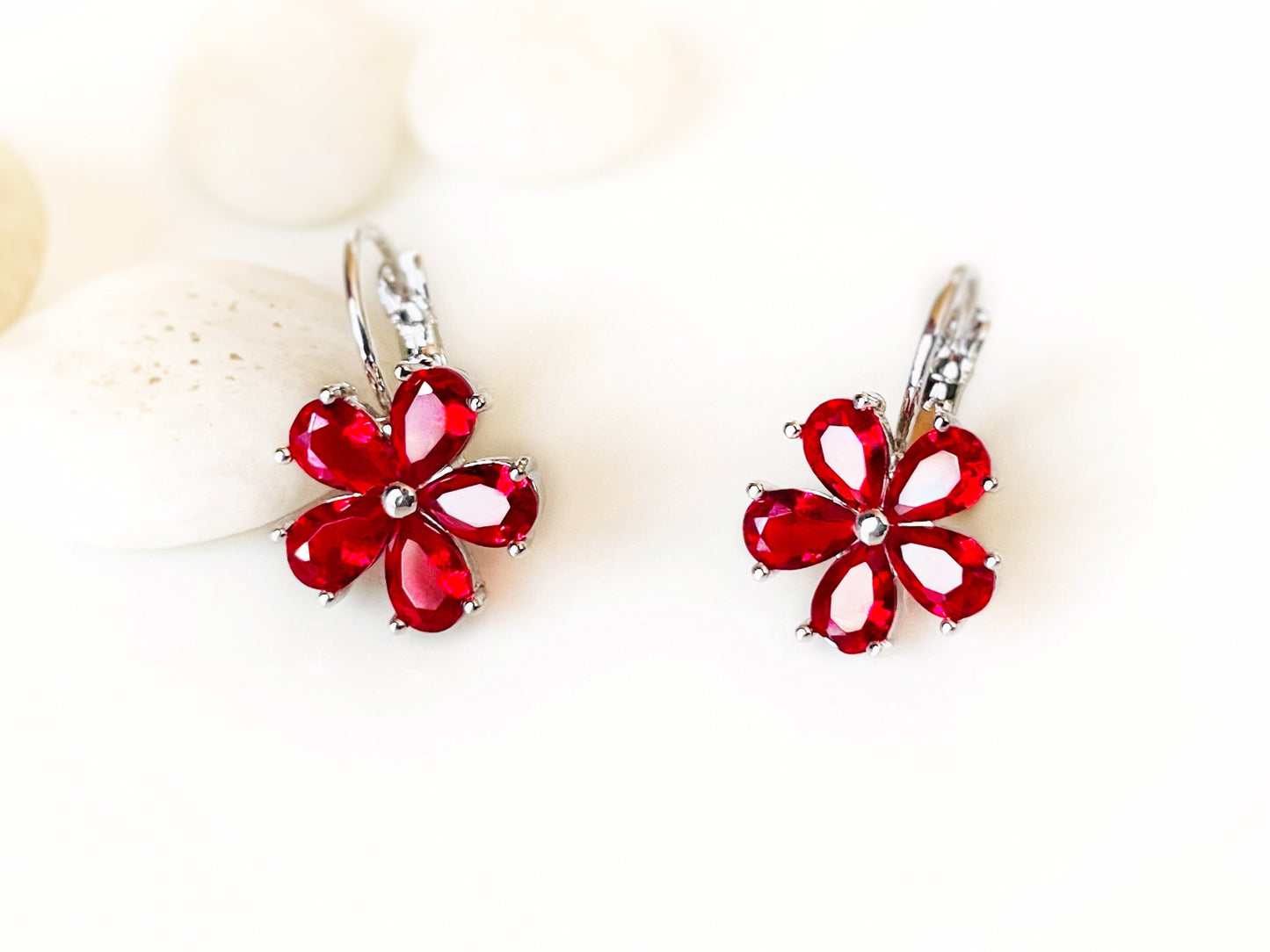 Ruby red flower lever back dangle earrings, red gemstone flower drop earrings, July birthstone earrings, gift for her, gift for mom