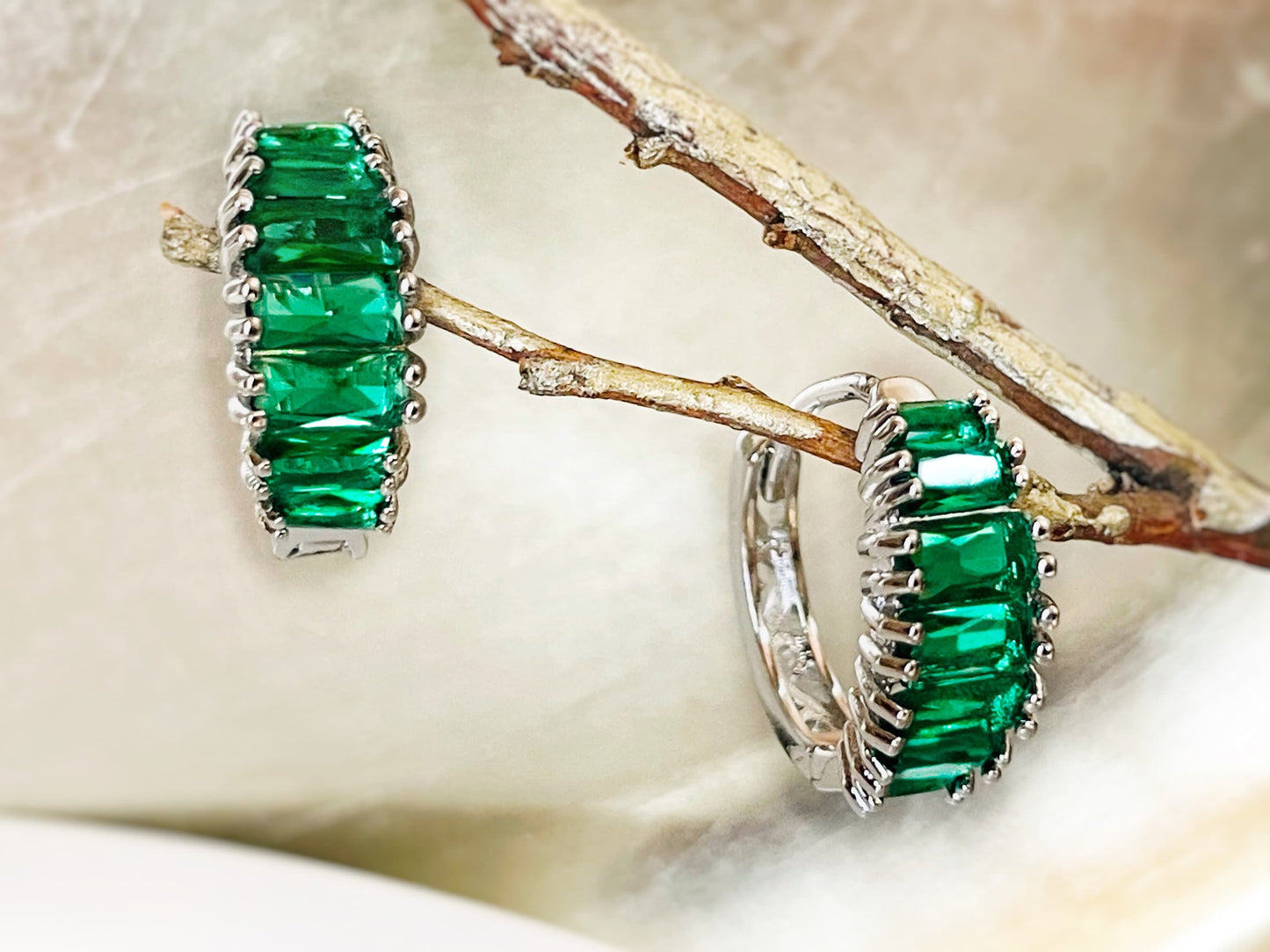 Emerald hoop earrings, green gemstone white gold earrings, May birthstone, gift for her, gift for mom