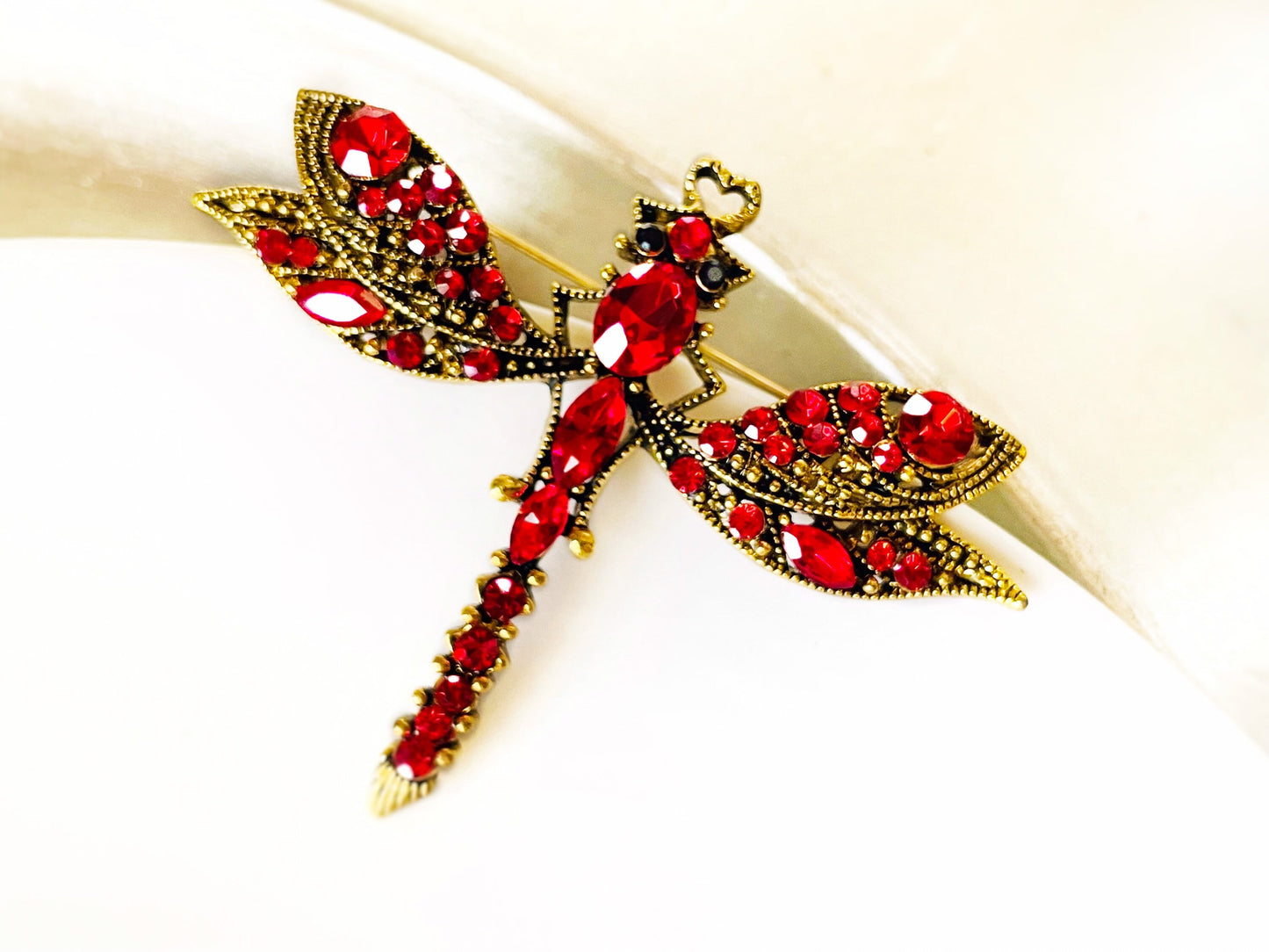 Red crystal dragonfly brooch pin antique gold, vintage inspired red crystal statement brooch pin, gift for her, gift for mom