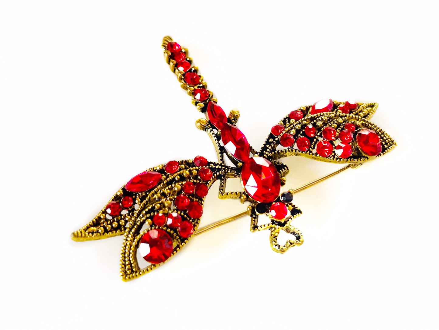 Red crystal dragonfly brooch pin antique gold, vintage inspired red crystal statement brooch pin, gift for her, gift for mom