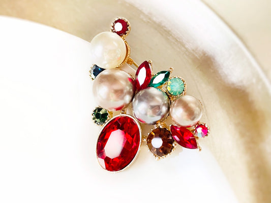 Multicolored pearl crystal brooch, large cluster pearl statement pin, red brooch gold, blue pearl brooch silver, gift for mom, gift for her