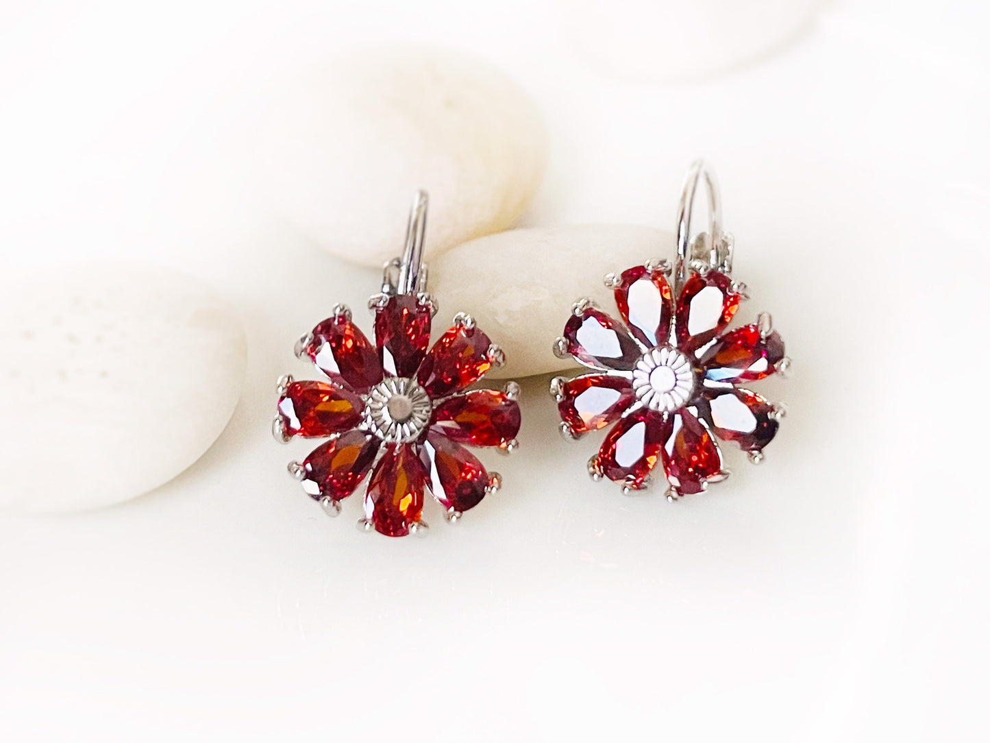 Garnet flower dangle earrings, red daisy flower drop earrings, January birthstone earrings , gift for mom, gift for her