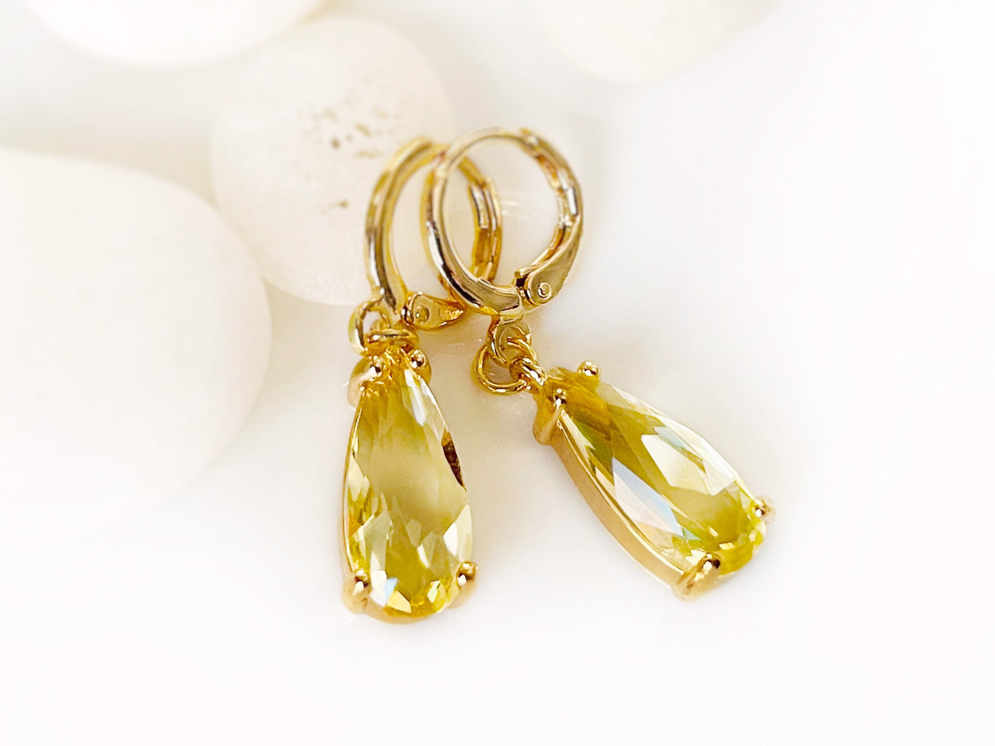 Teardrop citrine huggie dangle earrings gold, elongated yellow gemstone teardrops, gift for her, November birthstone earrings