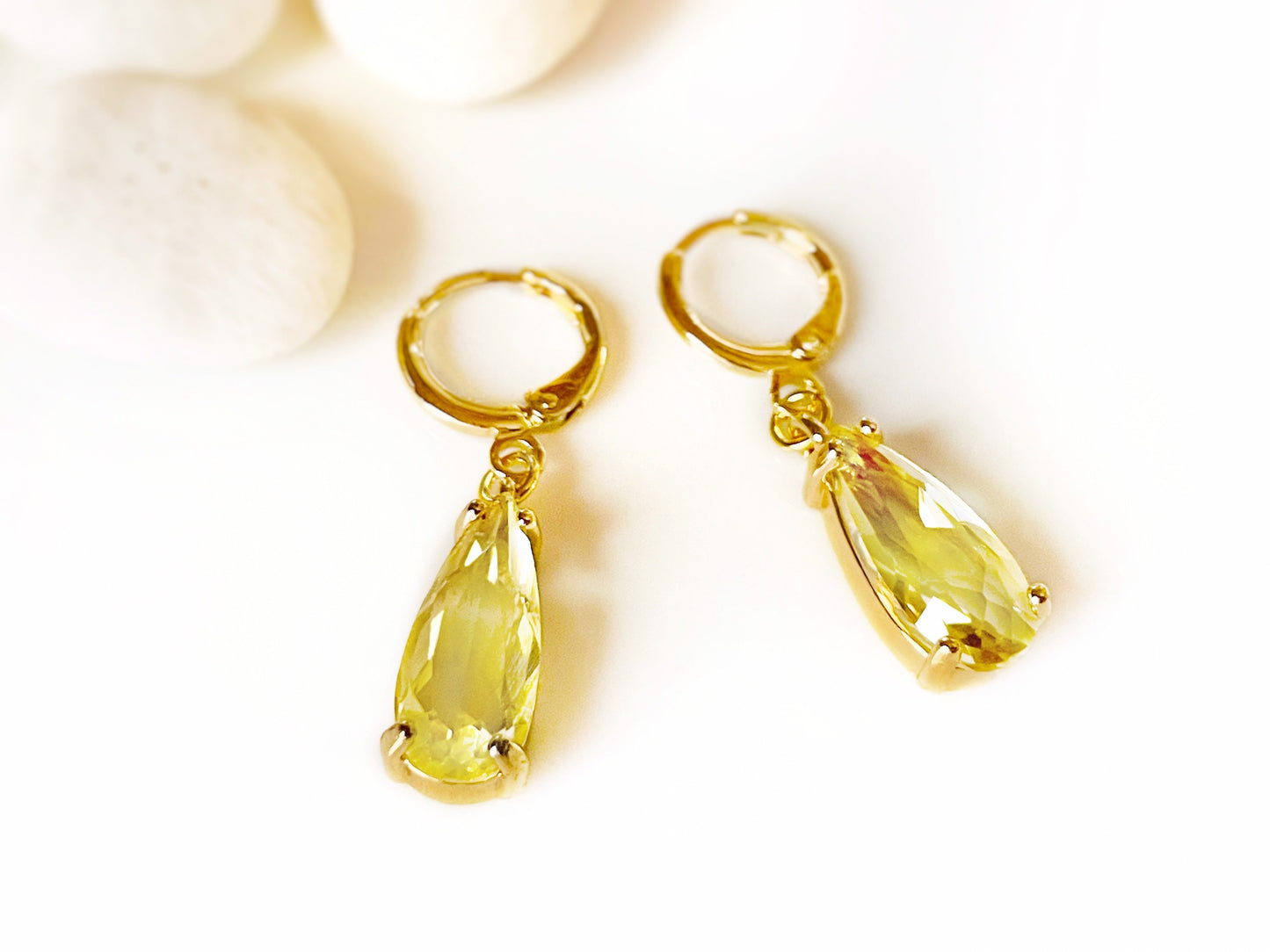 Teardrop citrine huggie dangle earrings gold, elongated yellow gemstone teardrops, gift for her, November birthstone earrings