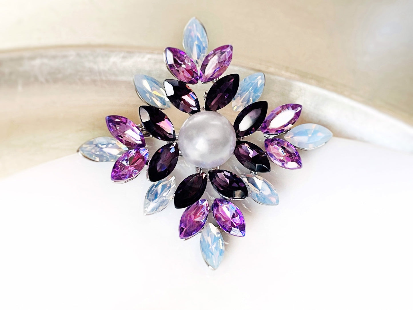 Black opal pearl Fancy crystal silver brooch, black white opal statement brooch pin, gift or mother, gift for her