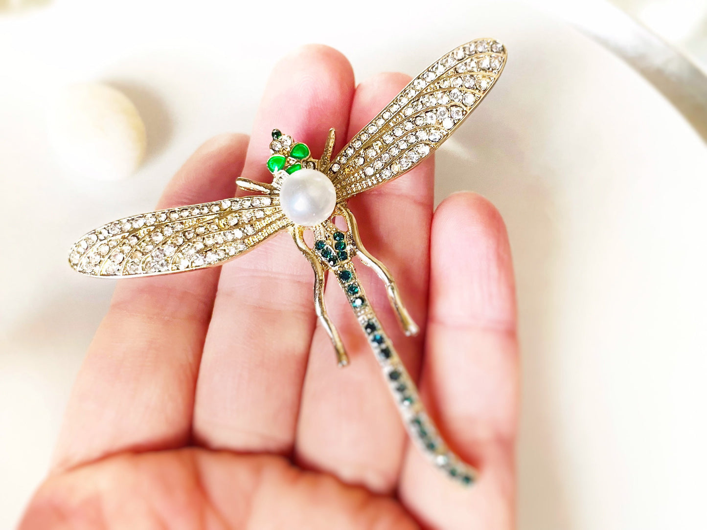 Crystal pearl dragonfly gold brooch gold, large dragonfly white green crystal pin, gift for her, gift for mom