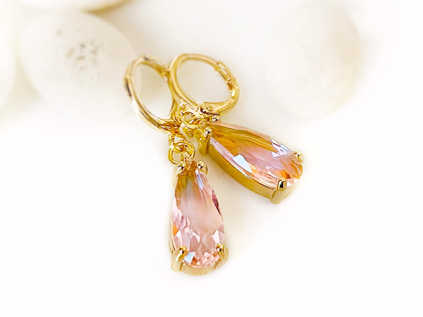 Teardrop pink sapphire huggie dangle earrings gold, elongated pink gemstone teardrops, gift for her, October birthstone earrings